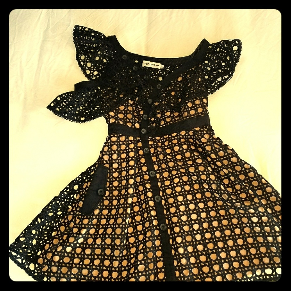 Self Portrait, Guipure Frill Mini Dress, blk, sz4